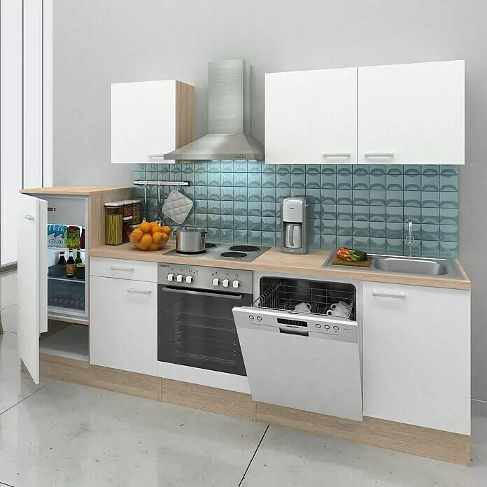 Respekta Composición de cocina Petunia - Ancho: 280 cm, Blanco, Con electrodomésticos, Horno Campana extractora Lavavajillas Placa de cocción Frigorífico Fregadero empotrado de acero inoxidable - Cocina compacta con armarios blancos, encimera de madera clara, electrodomésticos de acero inoxidable y salpicadero de azulejos azul grisáceo.