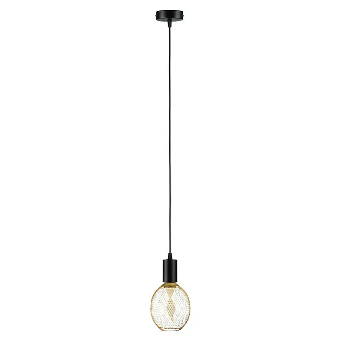 Paulmann URail LED-Pendelleuchte Tyros - 5,5 W, Ø x H: 10 x 10,3 cm, RGBW, Signalweiß - Eine moderne Pendelleuchte mit einem goldenen, gitterartigen Lampenschirm und einer schlanken, schwarzen Aufhängung.