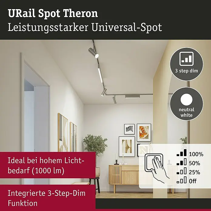 Paulmann URail LED-Spot Theron - 13 W, Signalweiß, Neutralweiß, 6,2 x 20 cm, 4.000 K - URail Spot Theron, ein leistungsstarker Universal-Spot. Das Licht ist neutralweiß und lässt sich in 3 Stufen dimmen.