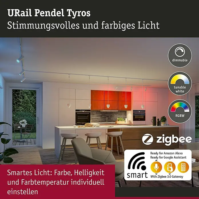 Paulmann URail LED-Pendelleuchte Tyros - 5,5 W, Ø x H: 10 x 10,3 cm, RGBW, Signalweiß - Die URail Pendelleuchte Tyros sorgt für stimmungsvolles und farbiges Licht. Dimmbar, tunable white und RGBW-Funktion.