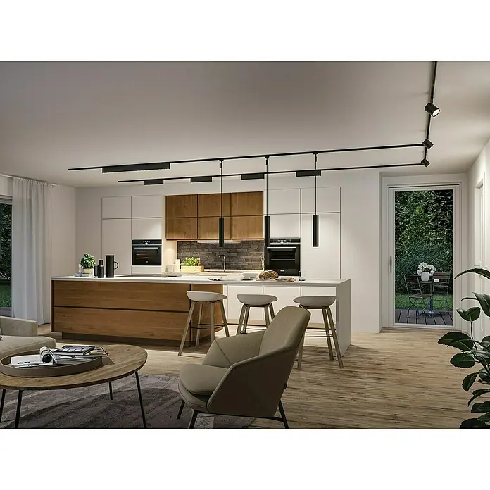 Paulmann URail Lámpara fluorescente LED Ceris - L x An x Al: 2,3 x 37,2 x 7,4 cm, Color de luz: Blanco neutro, Negro mate, 4.000 K - Cocina moderna con iluminación de riel negra que realza el interior y crea un ambiente elegante.