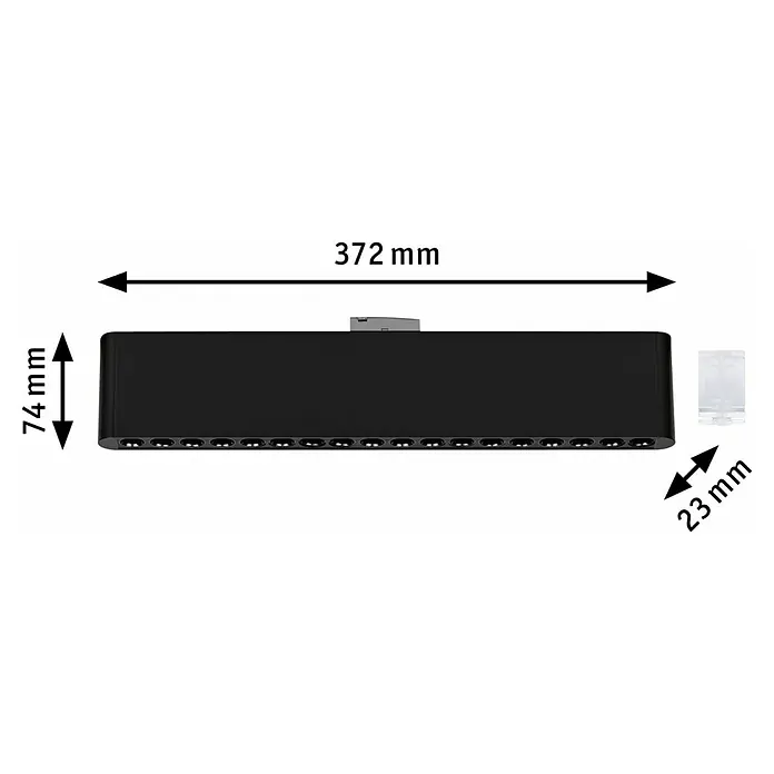 Paulmann URail LED-Pendelleuchte Tyros - 5,5 W, Ø x H: 10 x 10,3 cm, RGBW, Signalweiß - Produktabbildung mit Maßangaben: Die LED-Leuchte ist 372 mm breit, 74 mm hoch und 23 mm tief. Sie ist schwarz und hat eine Reihe von LEDs.