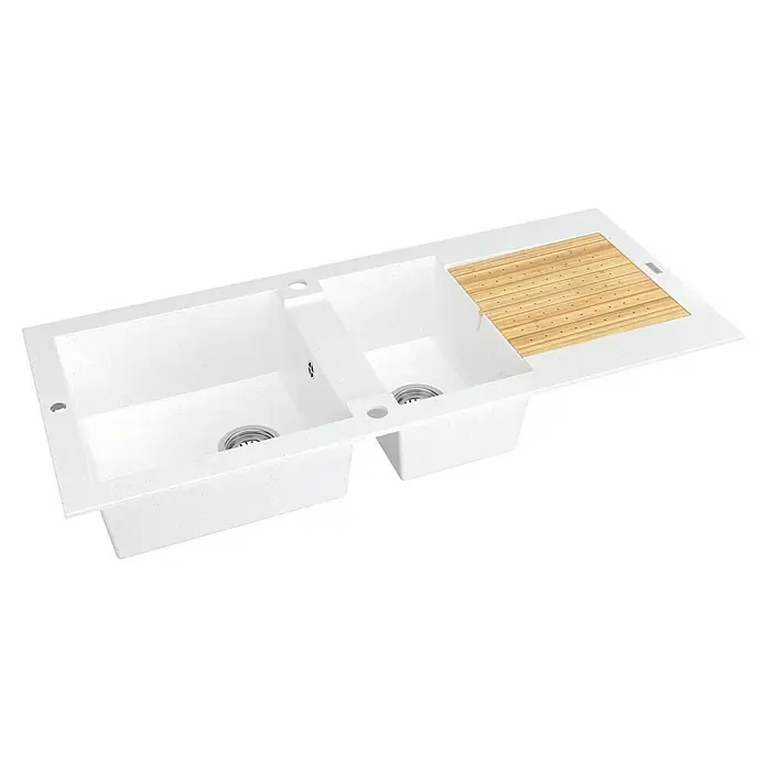 Carea Einbauspüle Eole - 118 x 50 cm, Weiß - Elegante Küchenspüle mit Doppelbecken und integriertem Schneidebrett für moderne Küchen. Stilvolles Design und praktische Funktionalität vereint.