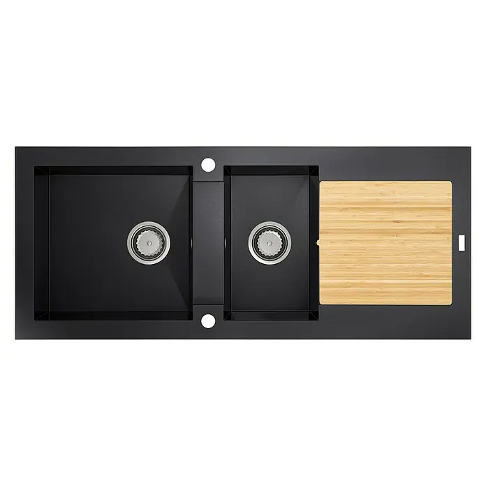 Carea Einbauspüle Katla - 118 x 50 cm, Schwarz - Spüle mit zwei Becken und Schneidebrett. Die Spüle ist schwarz und das Schneidebrett ist aus Holz. Das Design ist modern und stilvoll.