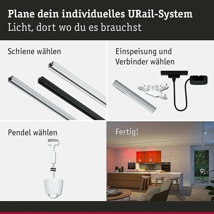 Paulmann URail LED-Pendelleuchte Tyros - 5,5 W, Ø x H: 10 x 10,3 cm, RGBW, Signalweiß - Das Bild zeigt eine Anleitung zur Planung eines individuellen URail-Systems, inklusive Schienen, Einspeisung und Pendel für die Beleuchtung.