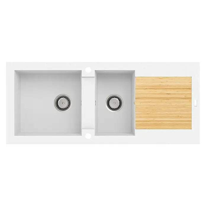 Carea Einbauspüle Katla - 118 x 50 cm, Weiß - Spülbecken mit zwei Becken und Schneidebrett. Die Spüle hat eine moderne Optik und ist ideal für jede Küche.
