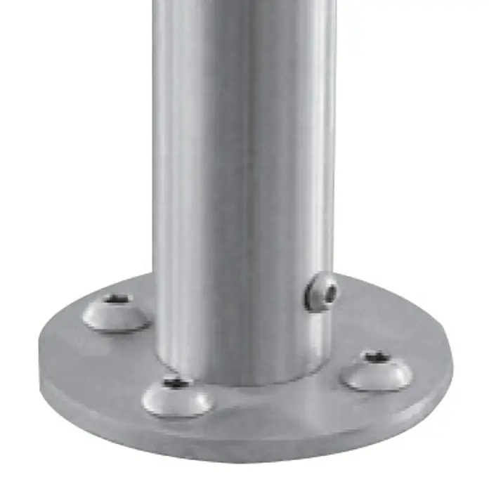 Treba Frewa Geländer-Set AG2 - Oberbodenmontage, Aluminium, Silber, Länge: 150 cm - Nahaufnahme einer silbernen Rohrbefestigung mit Schrauben.