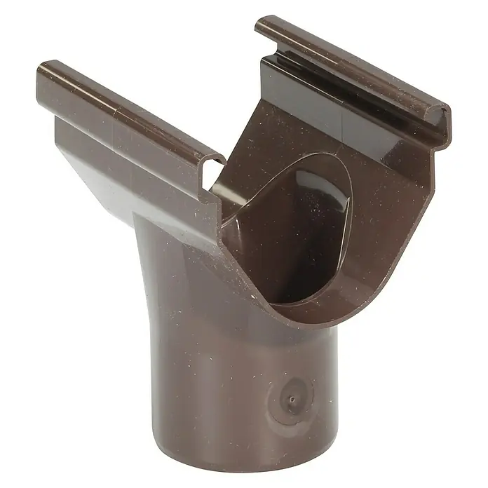 FunkeGruppe Rinnenstutzen Vario - 70/50 mm, Kunststoff, Braun - Nahaufnahme eines braunen Regenrinnen-Fallrohranschlusses, ein wichtiges Bauteil für die Ableitung von Regenwasser vom Dach.