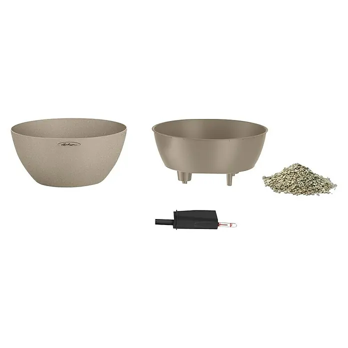 Lechuza Color Pflanzschale rund Cubeto - Außenmaß (Ø x H): 40 x 18,3 cm, Kunststoff, Sandbeige - Produktbild von Pflanzgefäß-Zubehör, das einen Topf, einen Einsatz, einen Füllstandsanzeiger und Granulat für die Bepflanzung zeigt.