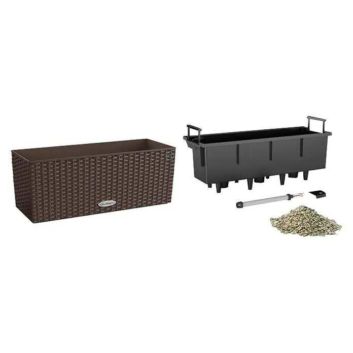Lechuza Cottage Balkonkasten Balconera - Max. Außenlänge: 50 cm, Kunststoff, Mokka - Bild eines braunen Lechuza-Balkonkastens mit Bewässerungssystem, bestehend aus Pflanzeinsatz, Füllstandsanzeiger und Blähton.