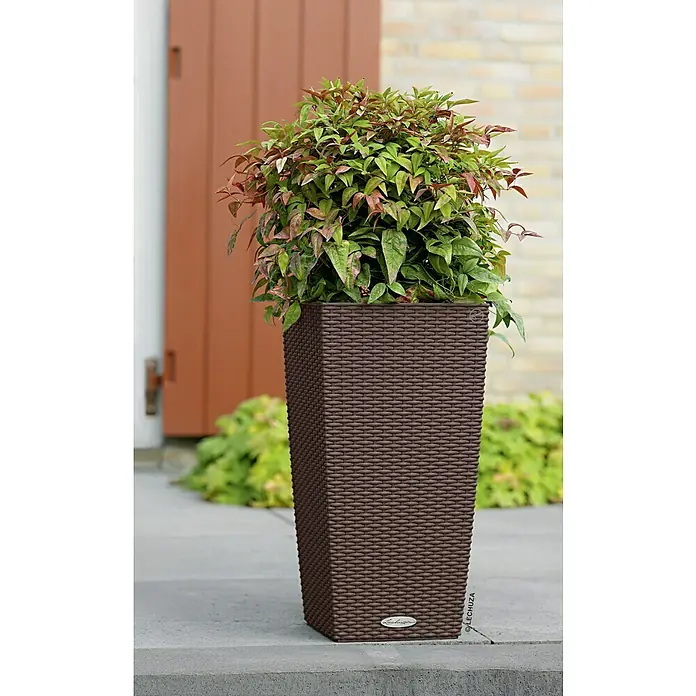 Lechuza Cottage Pflanzsäule eckig Cubico 30 - Außenmaß (L x B x H): 30 x 30 x 56,5 cm, Kunststoff, Mokka - Ein schlanker, brauner Lechuza Pflanzkübel mit einer üppigen Grünpflanze auf einer Terrasse.