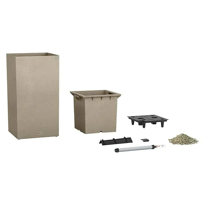Lechuza Color Pflanzsäule eckig CantoAußenmaß (L x B x H): 40 x 40 x 76 cm, Kunststoff, Sandbeige - Produktansicht eines Pflanzgefäß-Sets, bestehend aus einem hohen Topf, Inneneinsatz, Bewässerungssystem und Substrat für eine optimale Pflanzenpflege.