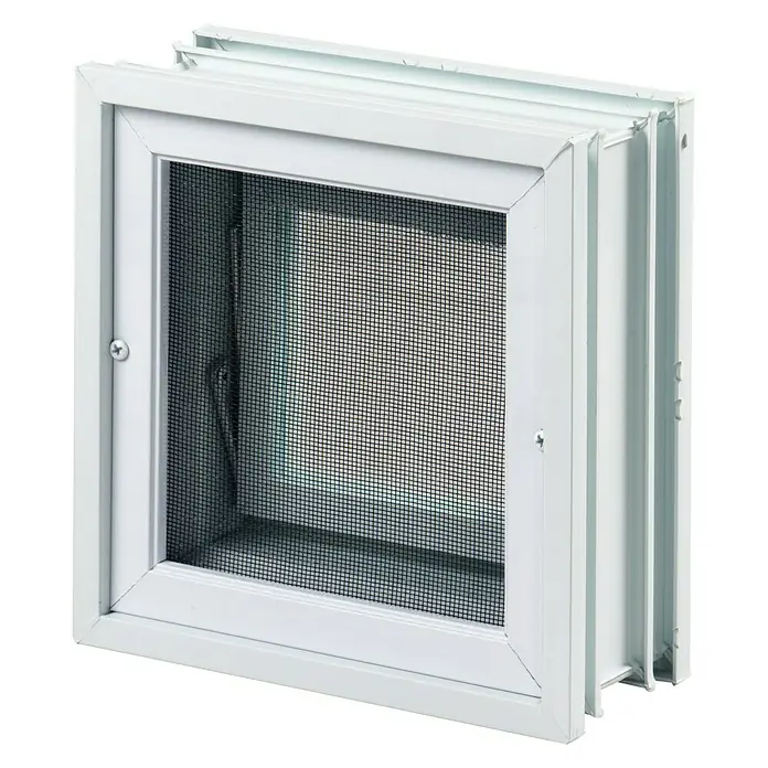 Fuchs Design Glasbaustein-Lüftungsfenster mit Fliegengitter - Passend für: Glasbausteine 24 x 24 cm, 2-fach - Nahaufnahme eines weißen Kellerfensters mit Fliegengitter.