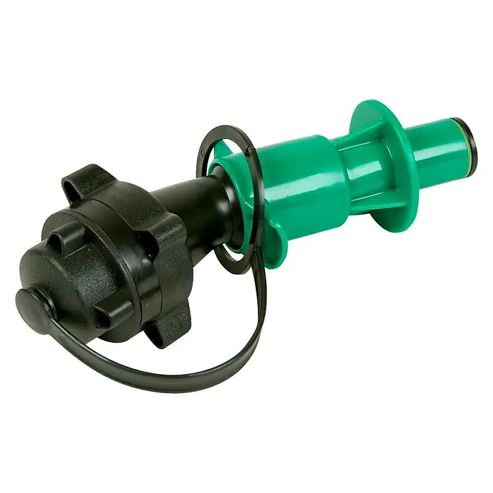 Oregon Sicherheits-Auslaufrohr Kettenhaftöl - Durchmesser: 21 mm - Ein grüner und schwarzer Schlauchanschluss mit einer schwarzen Kappe und einem schwarzen Ring.