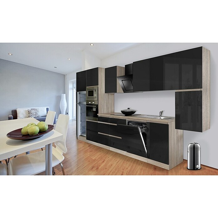Respekta Premium Küchenzeile GLRP395HESSGKE (Breite: 395 cm, Mit Elektrogeräten, Schwarz Hochglanz)