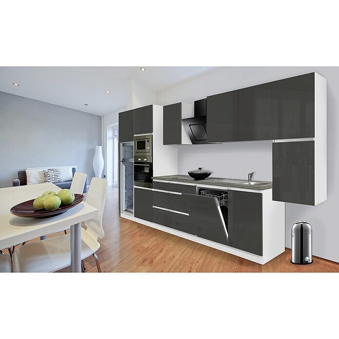 Respekta Premium Küchenzeile GLRP395HWGGKE (Breite: 395 cm, Mit Elektrogeräten, Grau Hochglanz)