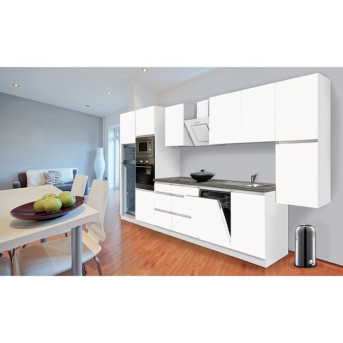 Respekta Premium Composición de cocina (Ancho: 395 cm, Con dispositivos eléctricos, Blanco mate)