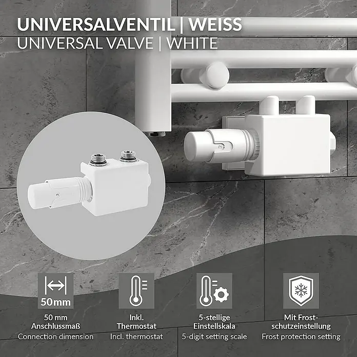 LuxeBath Thermostatventil - Eckventil - Abbildung eines Universalventils in Weiß, das die Anschlussmaße, Thermostat und Frostschutzeinstellung hervorhebt.