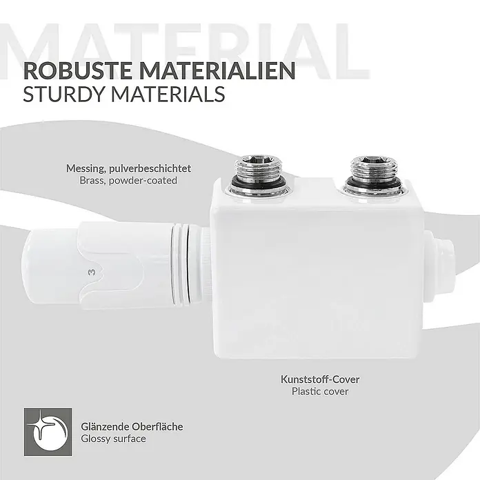 LuxeBath Thermostatventil - Eckventil - Nahaufnahme eines Heizkörperthermostats mit verschiedenen Materialhinweisen.