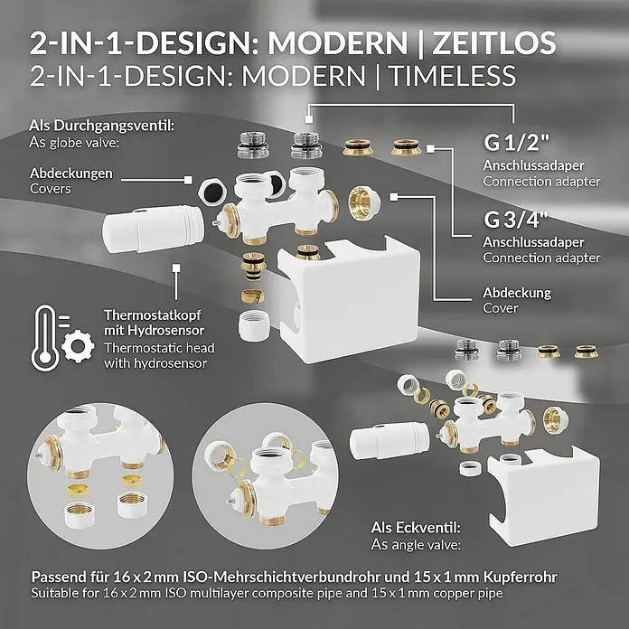 LuxeBath Thermostatventil - Eckventil - 2-in-1 Design: Modern und Zeitlos. Thermostatkopf mit Hydrosensor. Geeignet für 16x2 mm ISO-Mehrschichtverbundrohr und 15x1 mm Kupferrohr.