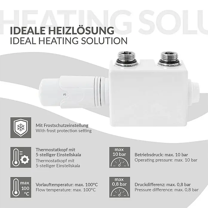 LuxeBath Thermostatventil - Eckventil - Produktbild einer idealen Heizlösung mit Frostschutzeinstellung, Thermostatkopf und technischen Daten wie Temperatur und Druck.