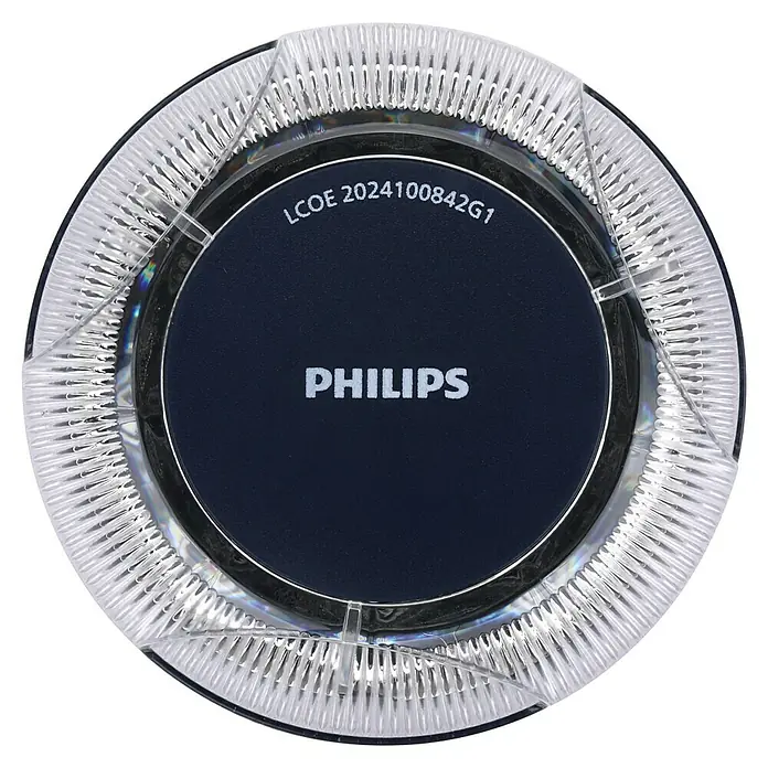 Philips Luz de emergencia V16 Conectada - Apto para: Avería en el vehículo - Primer plano de una lámpara LED Philips con un diseño claro y redondo, mostrando la marca 'PHILIPS' en el centro.