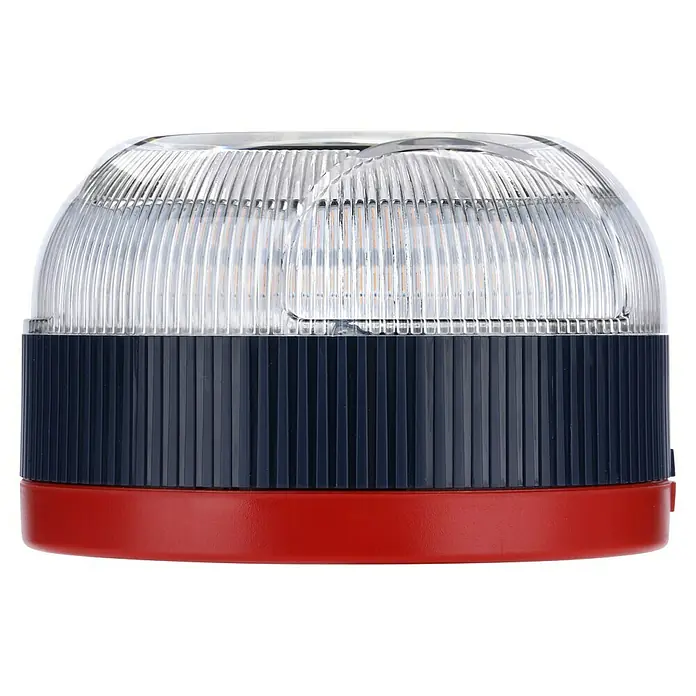 Philips Luz de emergencia V16 Conectada - Apto para: Avería en el vehículo - Primer plano de una luz de baliza roja y azul con una parte superior transparente y acanalada.