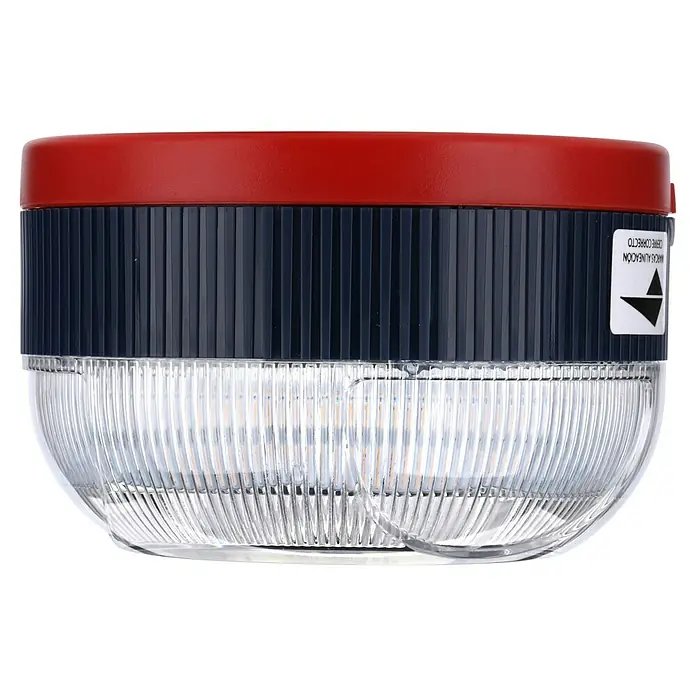Philips Luz de emergencia V16 Conectada - Apto para: Avería en el vehículo - Primer plano de una luz LED con parte superior roja, sección central oscura acanalada y parte inferior transparente acanalada.