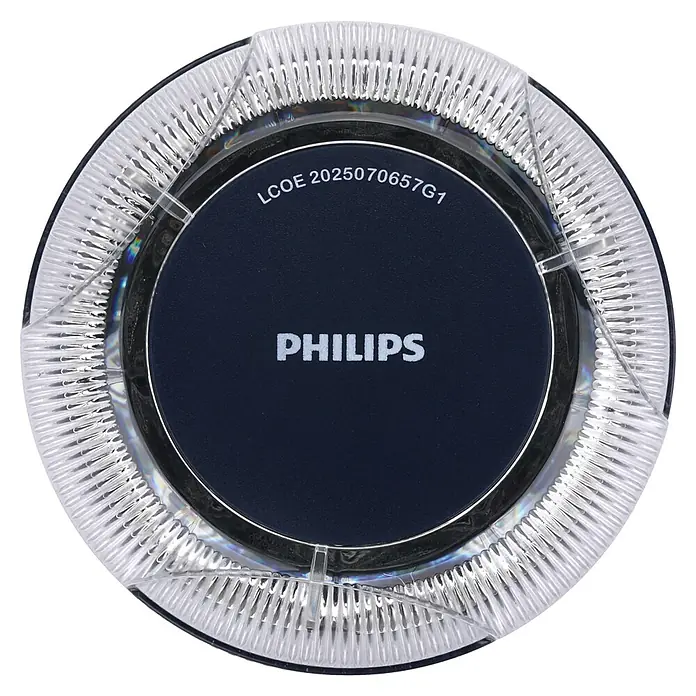 Philips Luz de emergencia V16 Conectada - Apto para: Avería en el vehículo - Primer plano de una lámpara de techo LED de Philips con un diseño redondo y claro y elementos prismáticos circundantes.