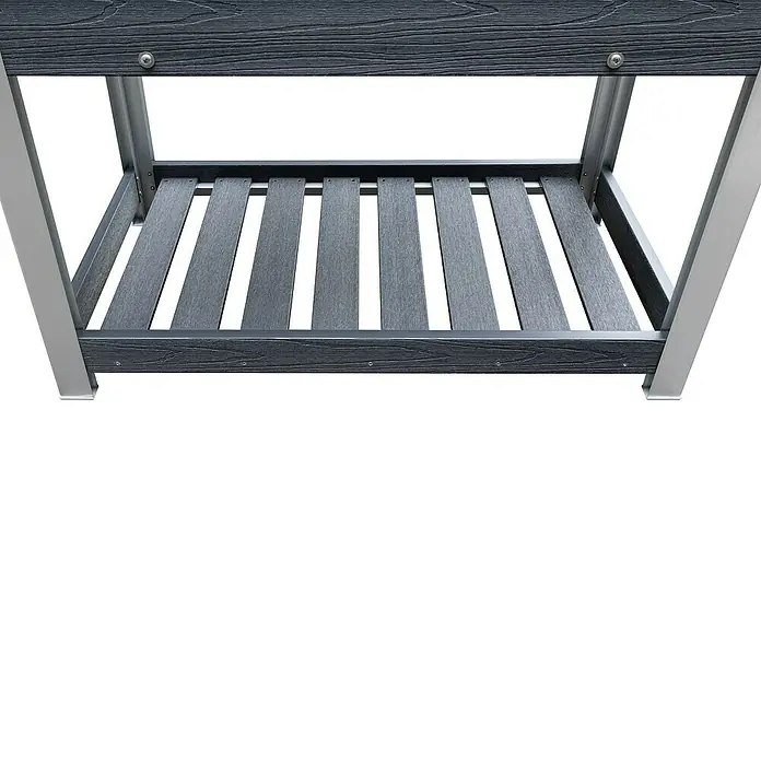 Hochbeet - 91 x 51 x 80 cm, Verbundwerkstoff, Anthrazit - Detailansicht eines schwarzen Terrassentisches mit silbergrauen Beinen und Ablagefläche. Robuste Bauweise für den Außenbereich.
