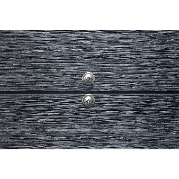 Hochbeet - 91 x 51 x 80 cm, Verbundwerkstoff, Anthrazit - Nahaufnahme von zwei Schrauben, die in einer Holzoberfläche befestigt sind und Details der Holzstruktur hervorheben.