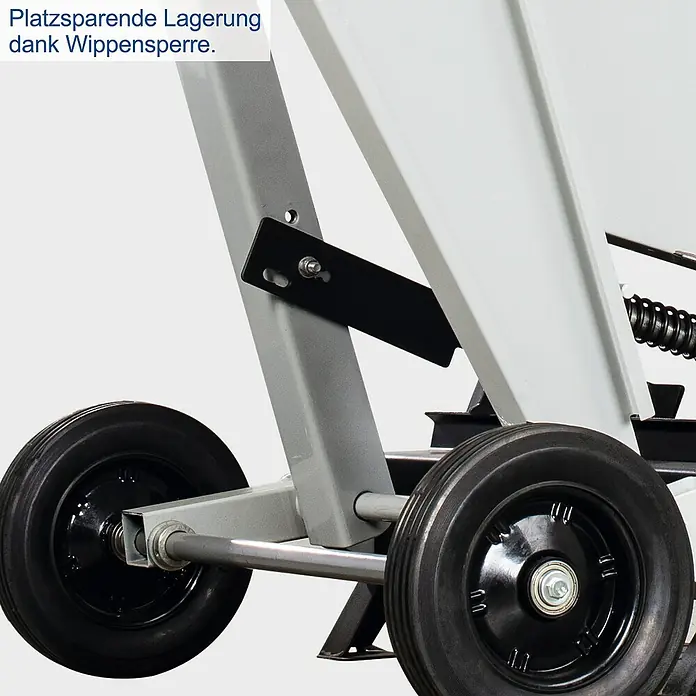 Scheppach Wippkreissäge HS730 - 4.500 W, Durchmesser Sägeblatt: 700 mm - Detailansicht eines Geräts mit platzsparender Lagerung dank Wippensperre und robusten Rädern.