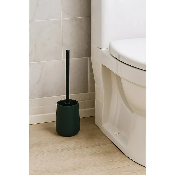 MSV Maonie Escobillero de suelo - Altura: 38,8 cm, Cerámica, Verde oscuro - Imagen de un cepillo de baño verde oscuro junto a un inodoro blanco en un baño.