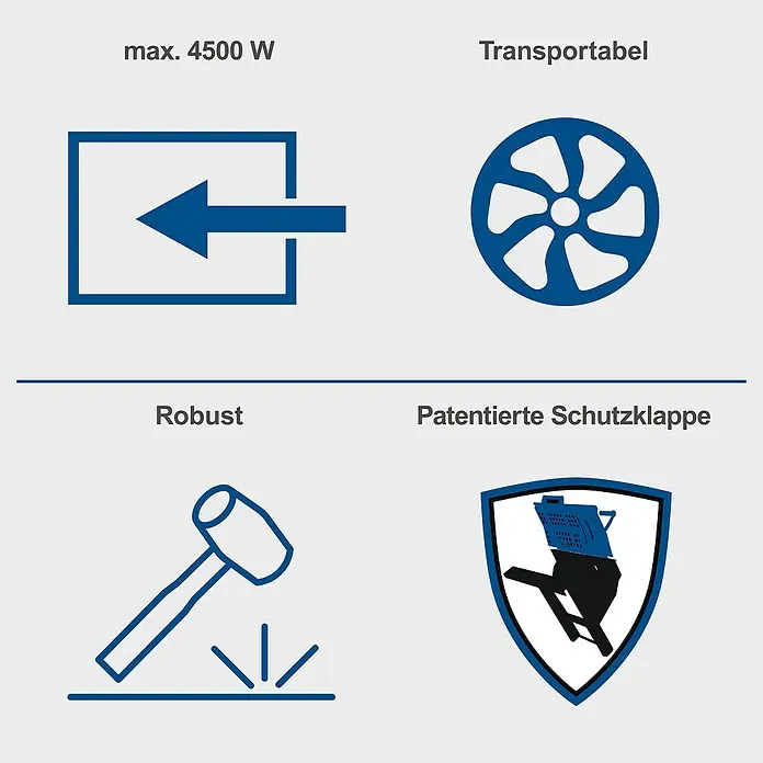 Scheppach Wippkreissäge HS730 - 4.500 W, Durchmesser Sägeblatt: 700 mm - Produktdarstellung mit max. 4500 W Leistung, Transportfähigkeit, Robustheit und patentierter Schutzklappe.