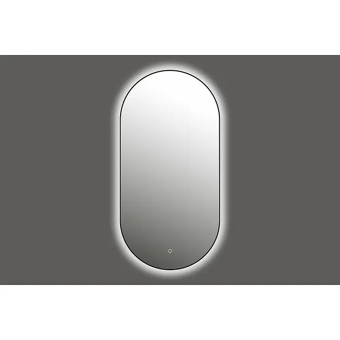 Lichtspiegel Emma - 45 x 90 cm, Schwarz, Sensor - Elegante, ovale Spiegelleuchte mit sanfter Hintergrundbeleuchtung und minimalistischem Design für modernes Badezimmerambiente.