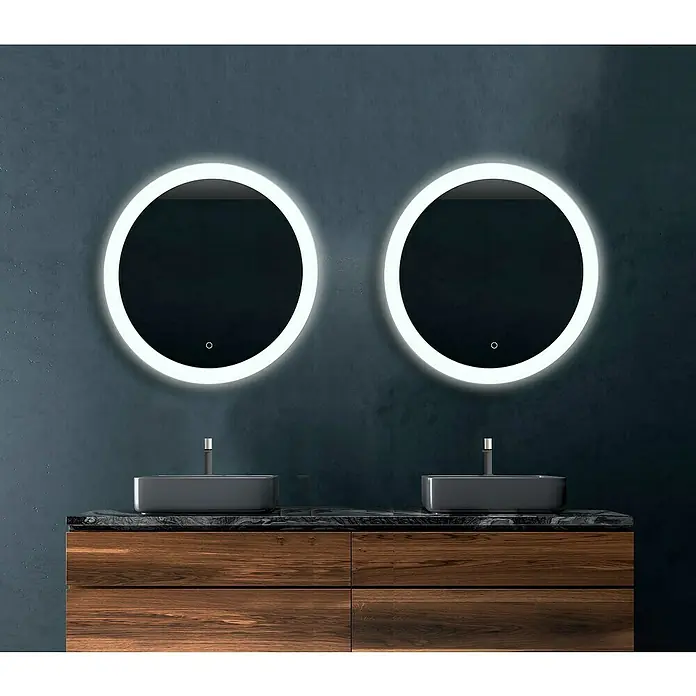 Lichtspiegel Lumix - 60 x 60 cm, Durchmesser: 60 cm, Silber, Sensor - Doppelwaschbecken mit zwei runden LED-Spiegeln in einem modernen Badezimmerdesign.
