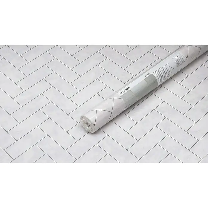 D-c-fix Ceramics Vinyltapete - Metallic Chevron, L x B: 4 m x 67,5 cm - Nahaufnahme einer Rolle d-c-wall Keramikfliesen-Dekorfolie mit Fischgrätenmuster.