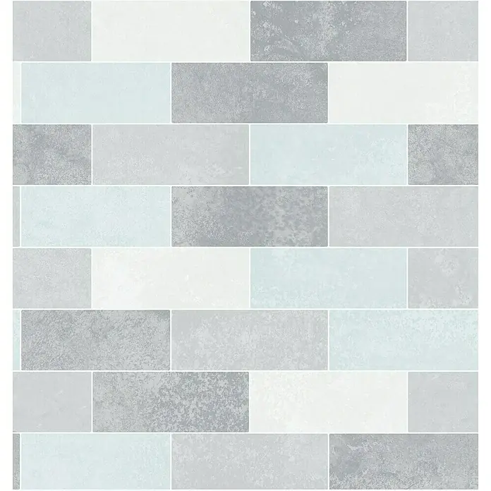 D-c-fix Ceramics Vinyltapete - Pastel Tiles, L x B: 4 m x 67,5 cm - Eine Nahaufnahme von stilvollen Wandfliesen in Grau, Weiß und Blassblau, die ein modernes und beruhigendes Ambiente schaffen.
