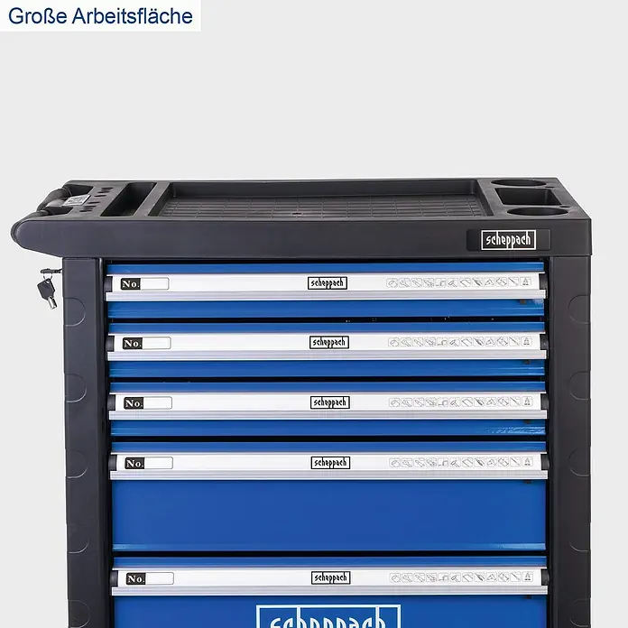 Scheppach Werkstattwagen TW 1150 - L x B x H: 760 x 460 x 965 mm, Anzahl Schubladen: 6 Stk., 70 -tlg. - Werkzeugwagen von Scheppach mit mehreren Schubladen und Ablagefläche für eine organisierte Arbeitsumgebung.
