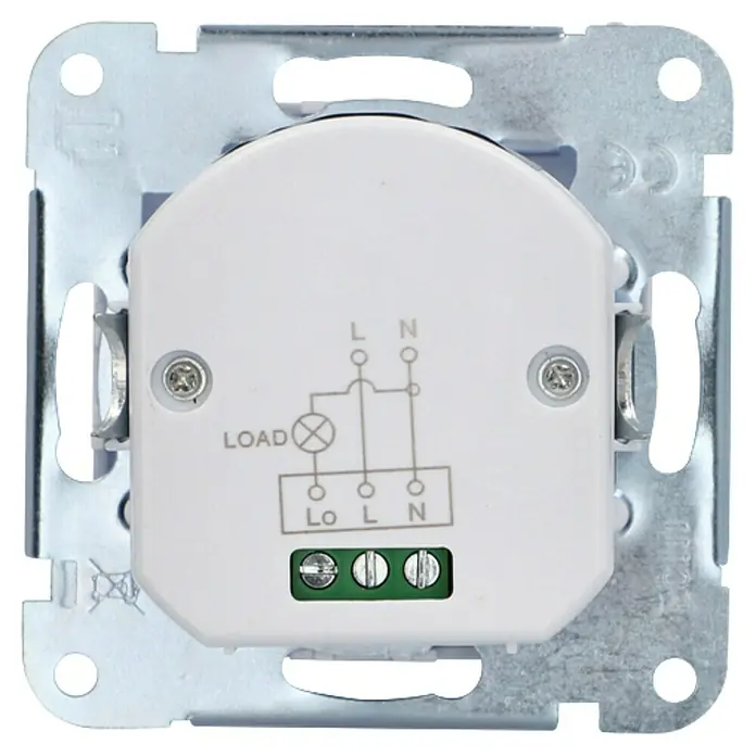 Voltomat Infrarot-Bewegungsmelder Vega - Polarweiß, Erfassungswinkel: 180 ° - Nahaufnahme eines Dimmschalters mit Anschlussschema, ideal für Elektroinstallationen und Heimwerkerprojekte.