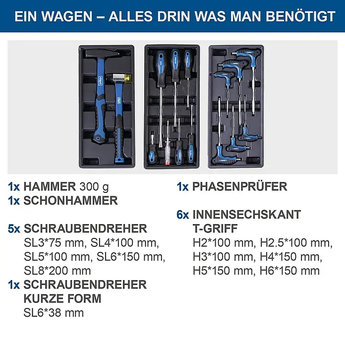 Scheppach Werkstattwagen TW 1150 - L x B x H: 760 x 460 x 965 mm, Anzahl Schubladen: 6 Stk., 70 -tlg. - Werkzeugwagen-Inhalt: Hammer, Schonhammer, Schraubendreher in verschiedenen Größen und Formen, Phasenprüfer, Innensechskant-T-Griff.