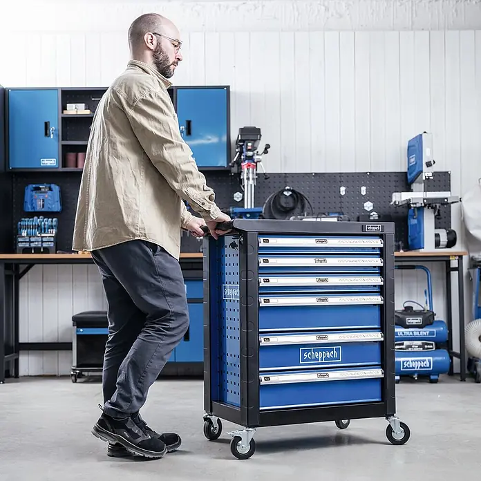 Scheppach Werkstattwagen TW 1150 - L x B x H: 760 x 460 x 965 mm, Anzahl Schubladen: 6 Stk., 70 -tlg. - Werkstattwagen von Scheppach mit mehreren Schubladen und Rollen für den einfachen Transport in der Werkstatt.