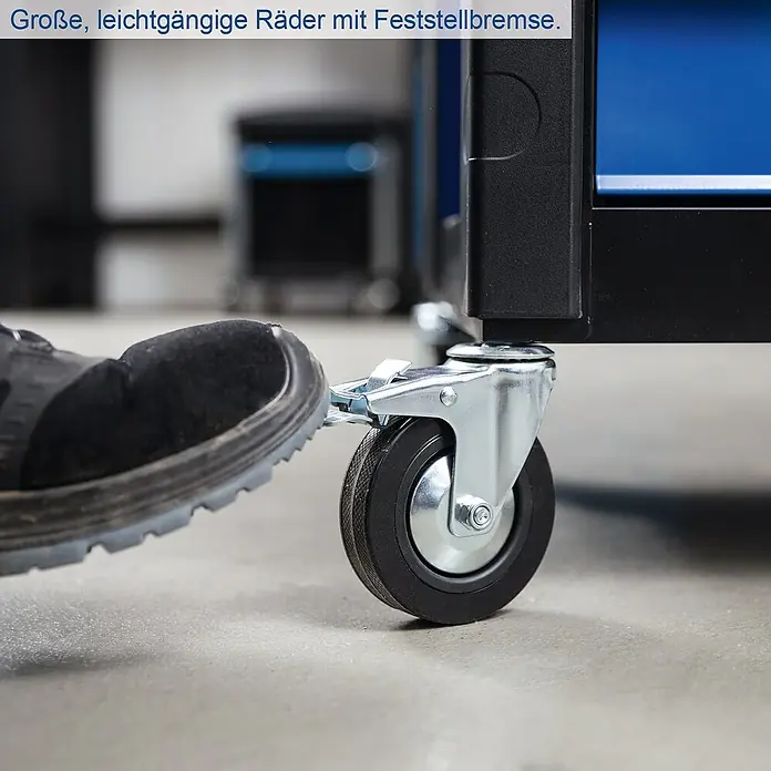 Scheppach Werkstattwagen TW 1150 - L x B x H: 760 x 460 x 965 mm, Anzahl Schubladen: 6 Stk., 70 -tlg. - Feststellbremse am leichtgängigen Rad eines Werkstattwagens. Bremse wird mit dem Fuß betätigt.