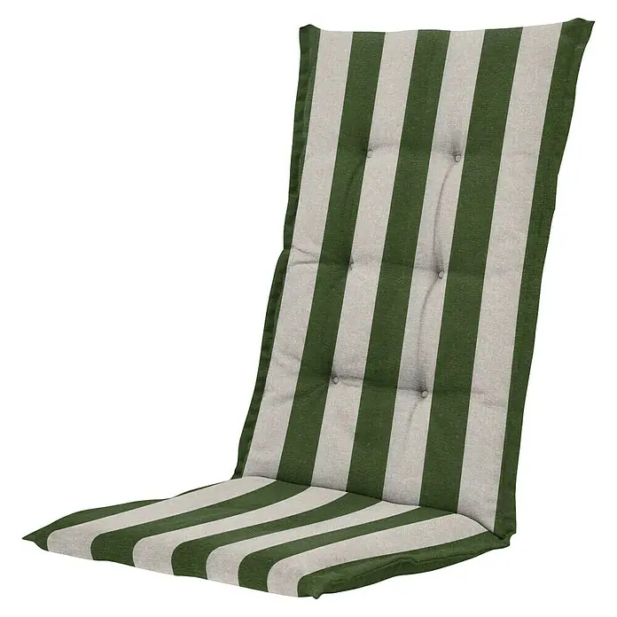 Madison Sitzauflage - Hochlehner, L x B: 123 x 50 cm, Baumwolle, Polyester, Schaumflocken, Vlies, Amora Grün - Ein gestreiftes Sitzkissen in Grün und Beige mit Knöpfen, ideal für Gartenmöbel, bietet Komfort und Stil.