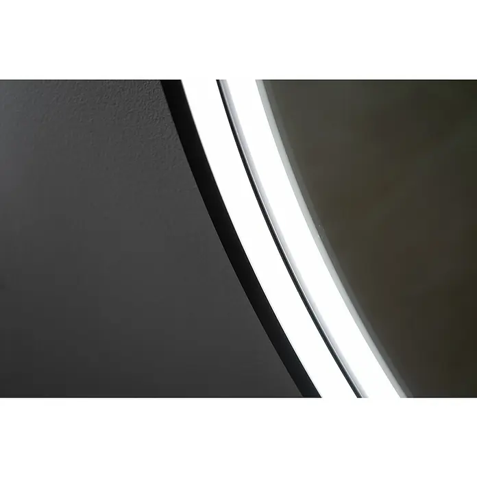 Lichtspiegel Noa - 45 x 90 cm, Schwarz, Sensor - Detailaufnahme einer runden LED-Leuchte mit schmalem, schwarzem Rahmen und hellem, weißem Lichtband vor dunklem Hintergrund.