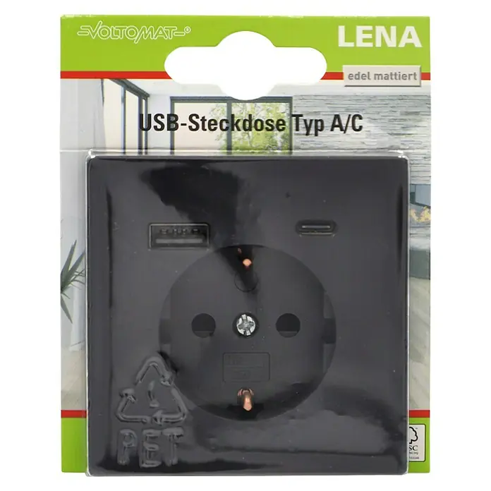 Voltomat USB-Steckdose Typ A/C Lena - Anthrazit, Matt, Kunststoff, Unterputzmontage - Eine schwarze USB-Steckdose Typ A/C von LENA, edel mattiert, in einer transparenten Verpackung.