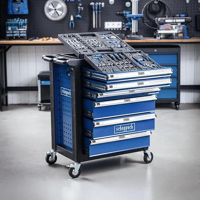 Scheppach Werkstattwagen TW 1150 - L x B x H: 760 x 460 x 965 mm, Anzahl Schubladen: 6 Stk., 70 -tlg. - Scheppach Werkzeugwagen mit sieben Schubladen, ausgestattet mit einer Vielzahl von Werkzeugen.