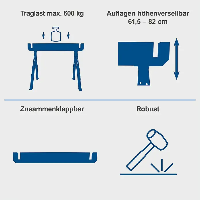 Scheppach Arbeitsblock-Set MWB700-Set - Höhenverstellung: 615 mm - 820 mm, 2 -tlg. - Abbildung einer Werkbank mit den Eigenschaften: Traglast max. 600 kg, Auflagen höhenverstellbar, zusammenklappbar und robust.