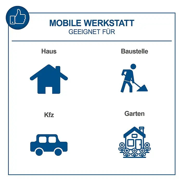 Scheppach Werkstattwagen TW 1150 - L x B x H: 760 x 460 x 965 mm, Anzahl Schubladen: 6 Stk., 70 -tlg. - Das Bild zeigt eine mobile Werkstatt, die für Haus, Baustelle, Kfz und Garten geeignet ist.