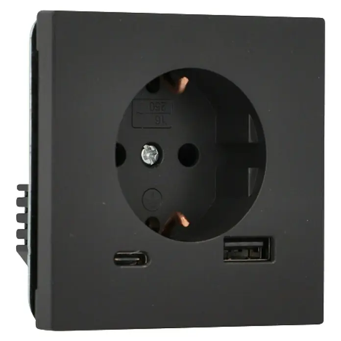 Voltomat USB-Steckdose Typ A/C Lena - Anthrazit, Matt, Kunststoff, Unterputzmontage - Nahaufnahme einer schwarzen Steckdose mit USB- und USB-C-Anschlüssen, ideal für moderne Geräte.